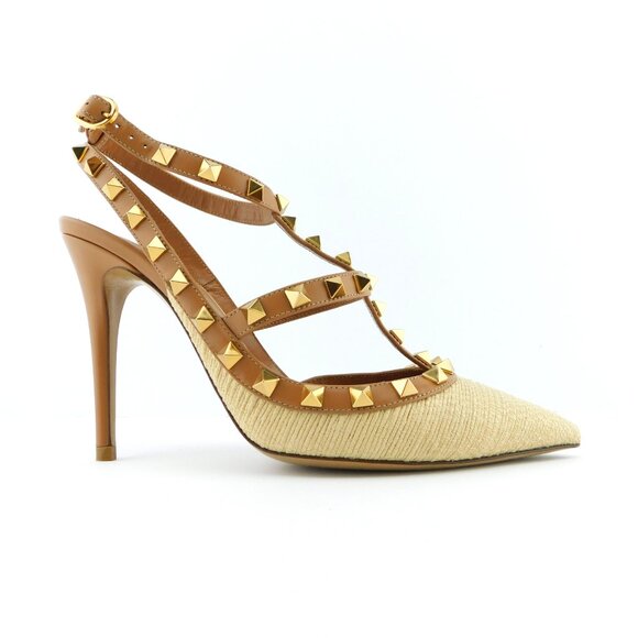 VALENTINO Rockstud Raffia Caramel Brown Leather Caged T-strap Heel Pumps 37